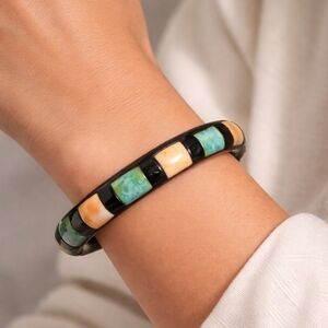 Carved Natural Horn Bangle w Dyed Bone Inlay Size 7.5 #1